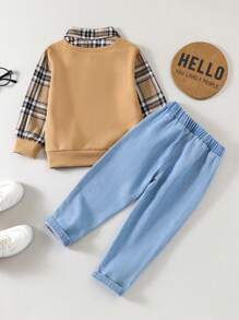 SHEIN Con trai Kẻ sọc Vá lại Áo nỉ Và Quần jean Bộ - Nhiều màu - Xem 2