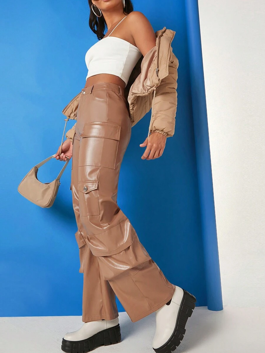 Hauture Túi có nắp chất liệu da PU Quần Cargo - màu nâu - Xem 1