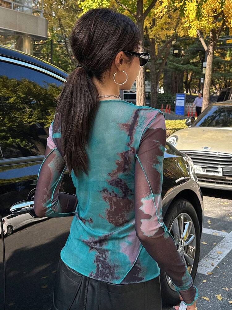 Tie-Dye See-Through Top Sheer Long Sleeve Women Tops,Fall Women Clothes