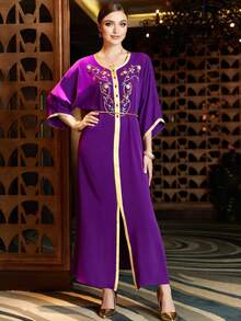 Al Najma Contrast Binding Batwing Sleeve Turkish And Arabic Traditional Kaftan - Purple - View 8
