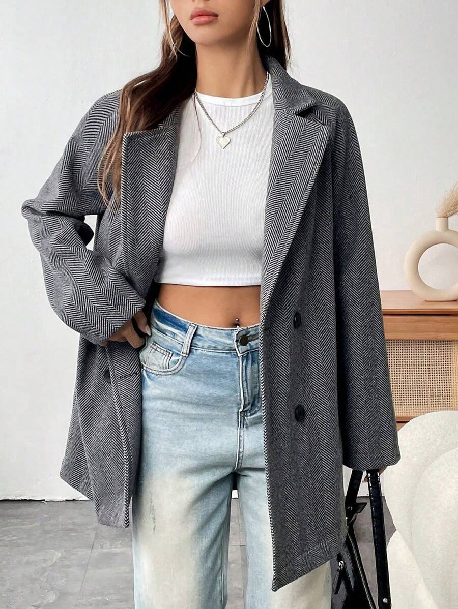 Flirla 雙排釦斜紋呢子外套 - 灰色 - 查看 1