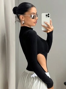 SHEIN ICON Cut Out Mock Neck Bodysuit - Black - View 7