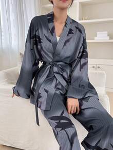 DAZY 女士漸變植物印花腰帶上衣和褲子睡衣套裝 - 深灰色 - 查看 6