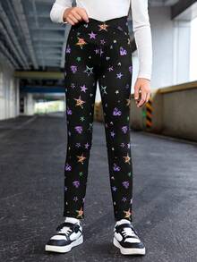 SHEIN 少女反光星星&蝴蝶印花紙巾緊身褲 - 黑色 - 查看 4