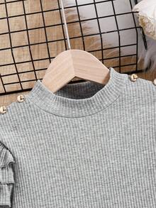 SHEIN Cô gái Tween Viền Ruffle Chi tiết Nút Áo thun - Màu Xám nhạt - Xem 6