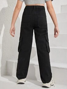 女童可愛休閒黑色牛仔工裝褲,適用於戶外活動 - 黑色 - 查看 2
