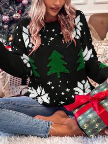 SHEIN LUNE Women's Christmas Tree Towel Embroidered Sweater - Black - View 5