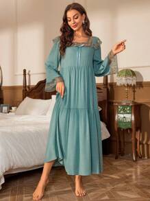 女士刺繡網布落肩睡衣連身裙 - 綠色 - 查看 1