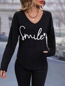 SHEIN LUNE Áo thun in hình trái tim và chữ cái cho nữ Áo thun họa tiết cho nữ - màu đen - Xem 3