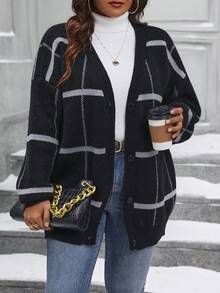 Calvaya Plus Size Women's Striped Cardigan - Black - View 5