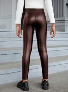 SHEIN Tween Girl Letter Patched PU Leather Leggings - Brown - View 2
