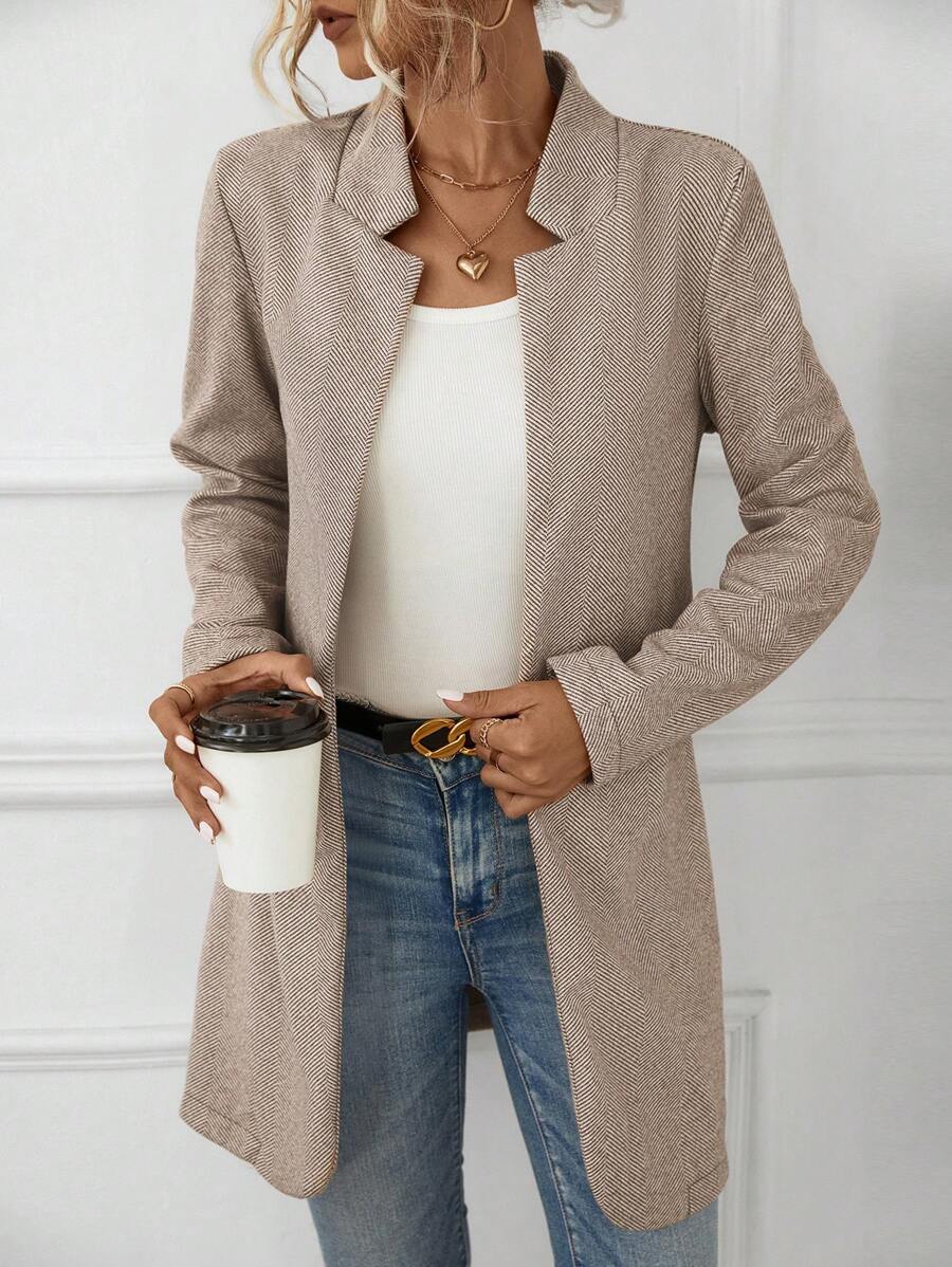 SHEIN LUNE Xương cá trích Mẫu Mở Mặt trước Áo khoác - Cà phê nâu - Xem 1