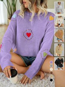 Calvaya Plus Size Heart Pattern Hollow Out Knit Slouchy Sweater - Lilac Purple - View 1