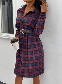 SHEIN LUNE Plaid Print Button Front Shirt Dress - Multicolor - View 6