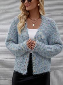 SHEIN Essnce Dệt kim Marled Thả vai Áo len Mở - Màu xanh lam - Xem 4