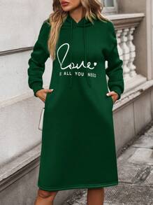 SHEIN LUNE Women's Hooded Long Sweatshirt Dress With Letter Pattern - Dark Green - View 1