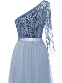 不对称领口亮片婚礼伴娘礼服，薄纱A字形舞会礼服 - 带亮片细节的新娘和正式晚礼服，婚礼宾客礼服