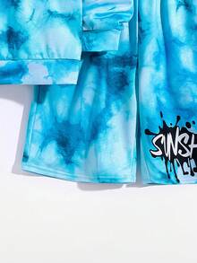 青少年男孩字母圖形漂染帽t加短褲 - 淺藍色 - 查看 5