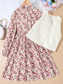 SHEIN Girls' Elegant Floral Dress With Vest Two-piece Set - Multicolor - View 5