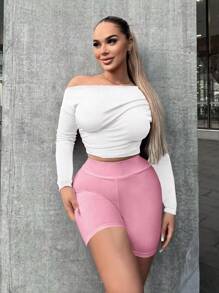 VaVaBold Wideband High Waist PU Leather Biker Skinny Shorts - Pink - View 3