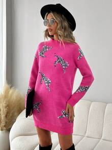 SHEIN LUNE Hoa văn Báo Tay Raglan Đầm Áo len - Màu Hồng Tươi - Xem 4