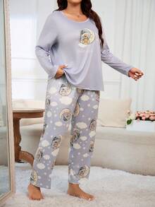 大尺寸卡通印花家居服套裝 - 灰色 - 查看 4