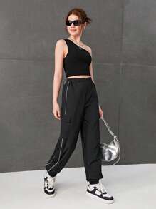 SHEIN Teen Girls' Knitted One Shoulder Top With Patchwork Straps And Pocketed Pants Set - Black - View 3