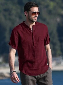 NITAGUT Áo thun polo tay ngắn màu trơn cho nam - Màu Đỏ Sâu - Xem 4