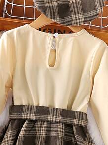 青少女裝春秋長袖拼接格子長裙 - 棕色 - 查看 4