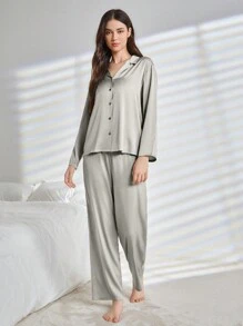 Ocili 女士緞面布襯衫和長褲睡衣套裝 - 杏色 - 查看 7