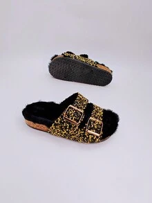 roulvxiang New Arrival Double Buckle Diamond Glitter Slides Pink Fashion Flat Slippers Women's Flat Sandals For Casual, Home, Street, Travel - Black - View 6