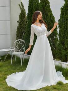 Lace Bodice Open Back Floor Length Wedding Dress - White - View 5
