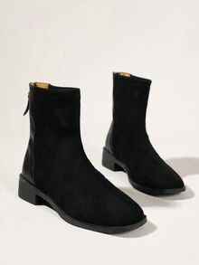 女士复古黑色弹力袜靴，圆头，后拉链，保暖内衬，粗跟，踝靴，中筒靴，秋冬 - 黑色 - 查看 3