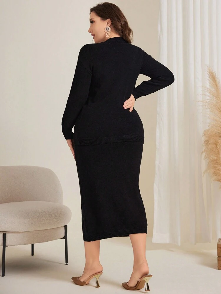 Plus Size Solid Color Sweater And Knitted Skirt, No Waist Belt 2 Piece Set