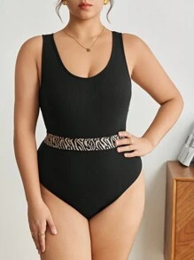 BizChic Plus Zebra Striped Tape Ribbed Knit Bodysuit - Black - View 3