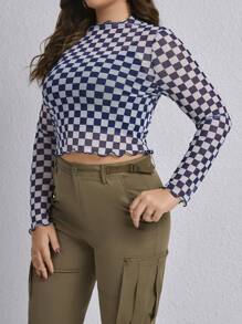 SHEIN EZwear Plus Size Women'S Checkerboard Printed Mesh Top - Navy Blue - View 3