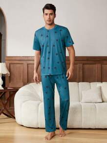 Men's Short Sleeve And Long Pants Home Clothes Set - Multicolor - View 8