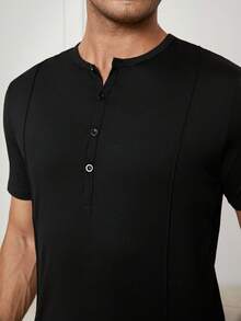2pcs/set Men's Solid Color Short Sleeve Button Up Henley T-shirt And Long Pants Homewear - Black - View 5