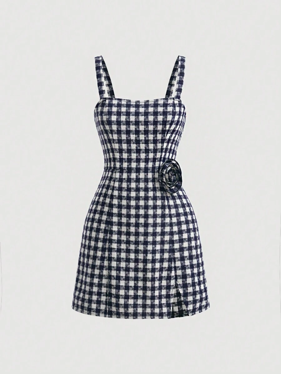 SHEIN MOD In kẻ sọc Đèn treo tường Viền chia cắt Váy Dây - Xanh đậm - Xem 1