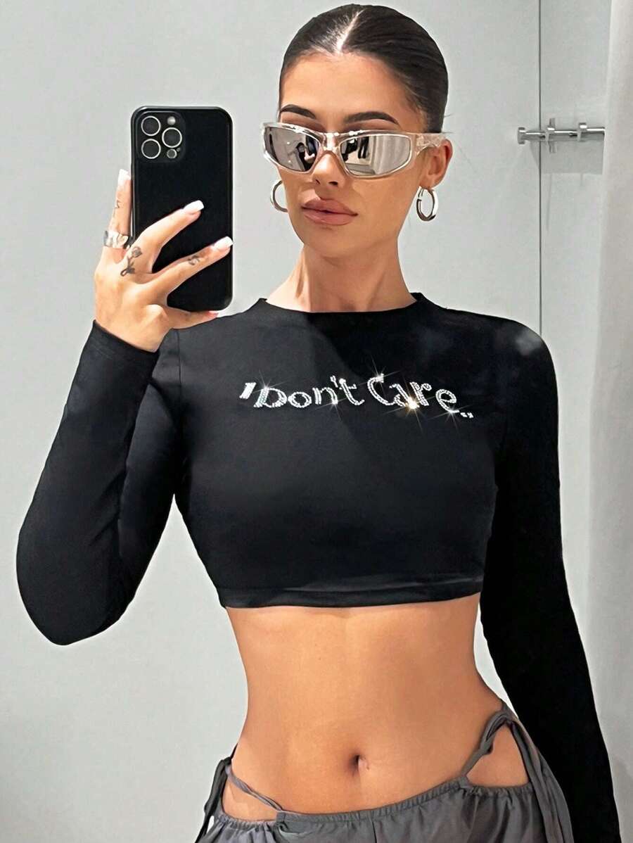 SHEIN ICON Rhinestone Slogan Pattern Crop Tee - Black - View 1
