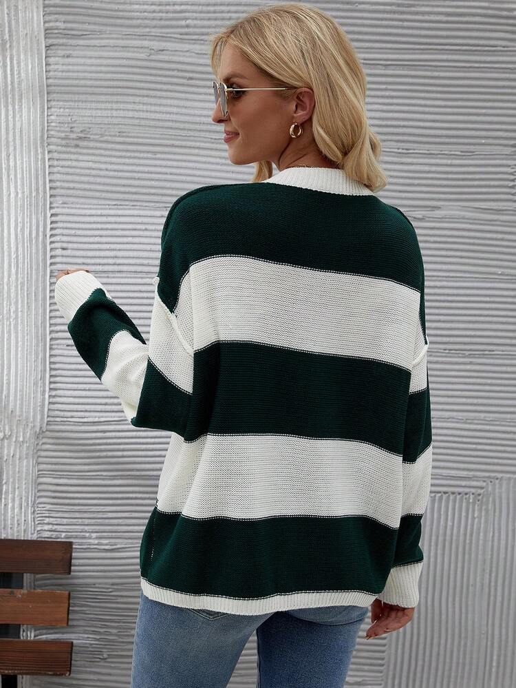 Women's Two-Tone Striped Drop Shoulder Half-Button Cardigan Knit Pullover Fall Winter Sweater