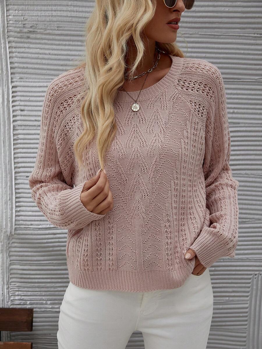 SHEIN Frenchy 女款純色綴接袖毛衣 - 粉色 - 查看 1