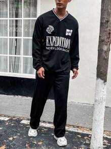 Manfinity Homme Men's Plus Size Slogan Printed 2pcs/set Outfit - Black - View 3