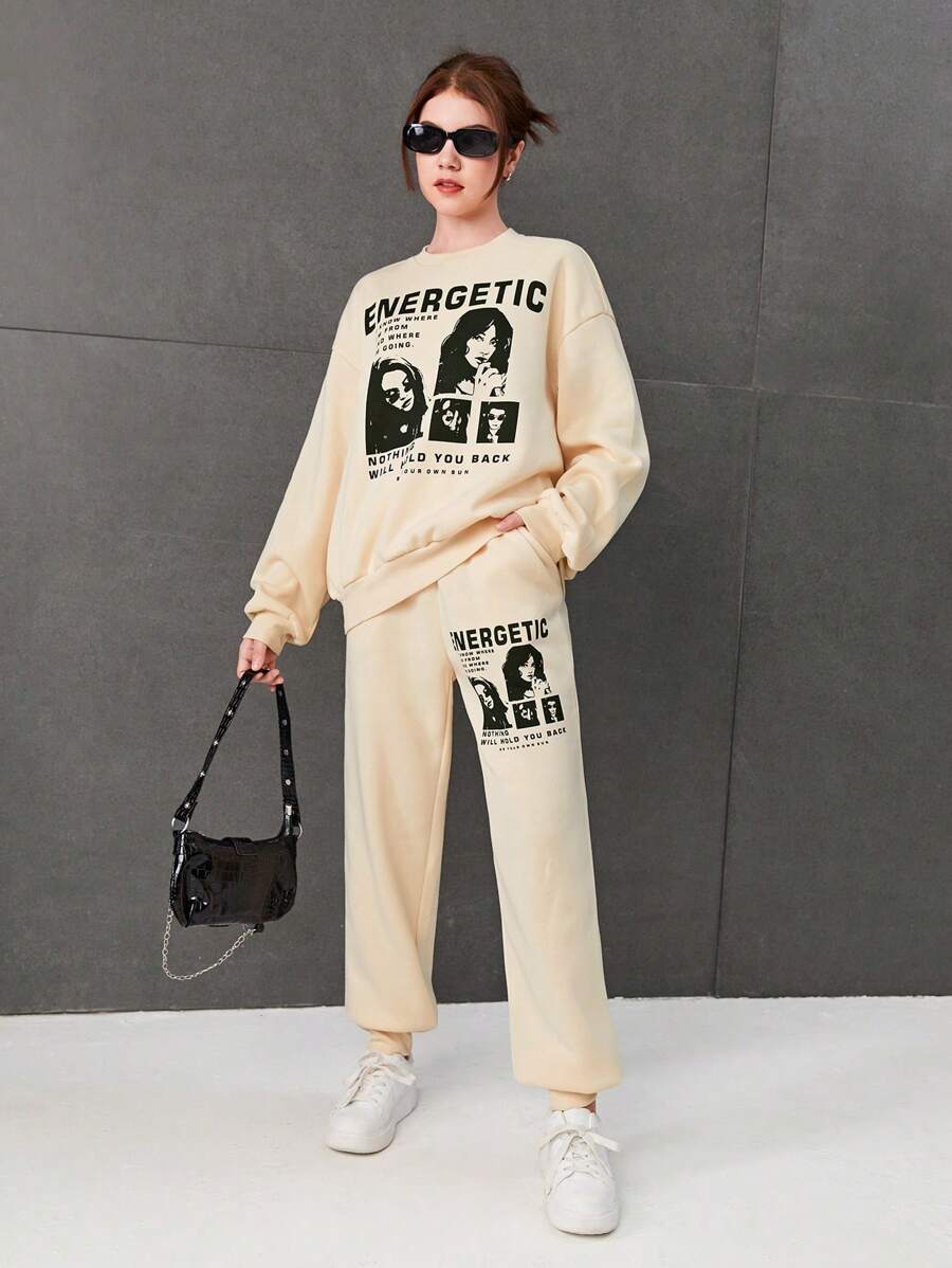 SHEIN 青少年女孩字母圖案落肩保暖襯裡套頭衫和運動褲