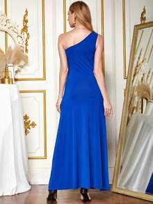 ANGEL FASHIONS One Shoulder Hollow Out Handmade Beaded Floor Length Evening Dress With High Slit - Blue - View 2