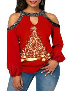 SHEIN LUNE 加上圣诞节印花露肩灯笼袖 T 恤新年衣服图案 T 恤女式上衣 - 紅色 - 查看 4