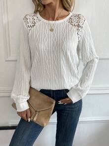 SHEIN LUNE Lace Patchwork Raglan Sleeve Sweatshirt - White - View 4