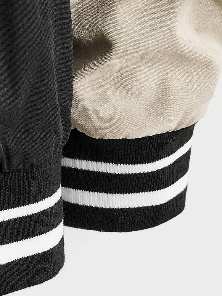 Oversized Men's Letter Patched Striped Trim Colorblocked Varsity Jacket Without Hoodie, For Fall Winter