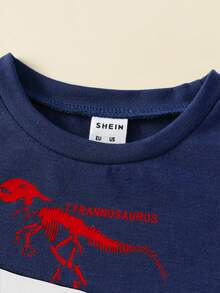 嬰兒男孩拼色恐龍圖案運動衫和長款長褲,合適的適用於戶外玩在秋季和冬天 - 藏蓝色 - 查看 3