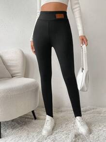 SHEIN LUNE Women's Casual Thermal Lined Letter Print Leggings, Autumn/Winter - Black - View 3